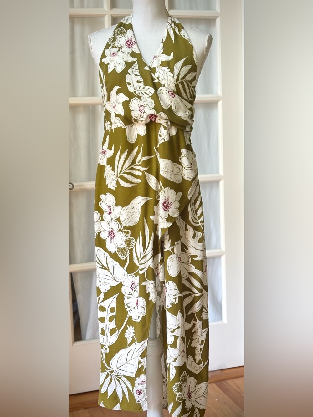 Zara Olive Green & White Floral Midi Dress